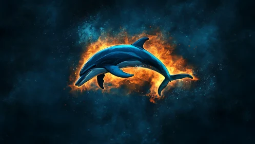 Glowing cosmic dolphin leaping through a fiery ocean sky.
