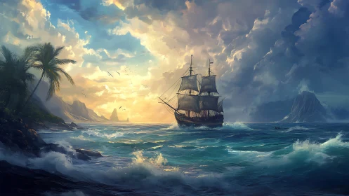 Sunlit galleon on storm-tinted tropical sea at golden hour