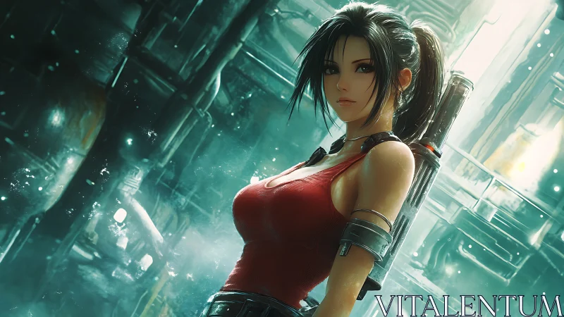 Fearless cyber heroine ready for adventure in glowing city.