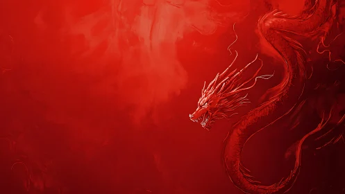 Digital painting of coiled crimson dragon on red field.