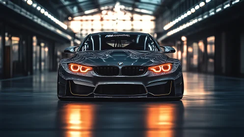 BMW sports car with glowing headlights in modern garage.