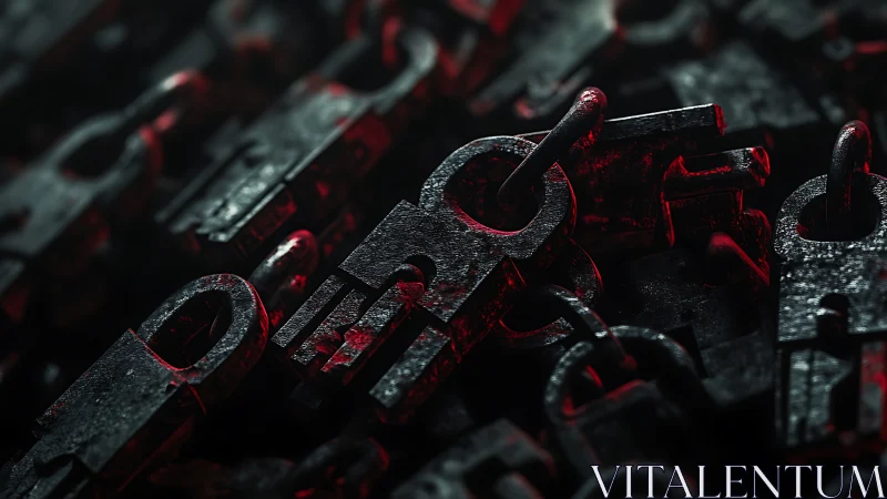 Rust-bitten padlocks lean into red shadows and whisper secrets