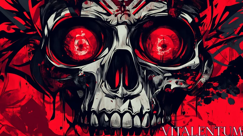 Crimson skull stares back with bold, electric red eyes