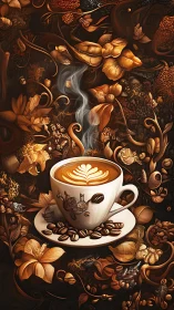 Latte art cup glows amid swirling coffee botanicals.