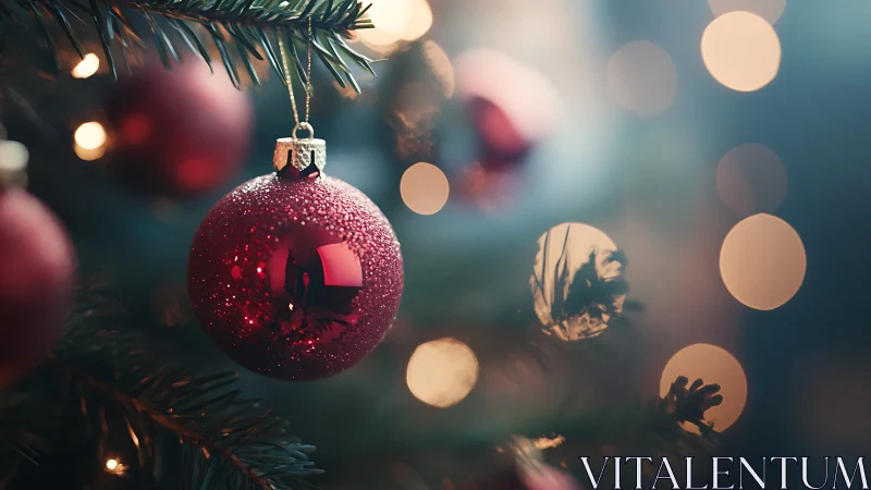 Red glass bauble catches warm festive tree bokeh light.