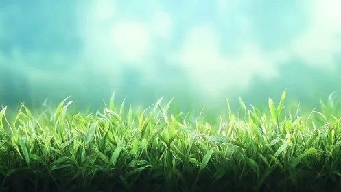 Morning dew crowns a bright meadow of shimmering grass blades