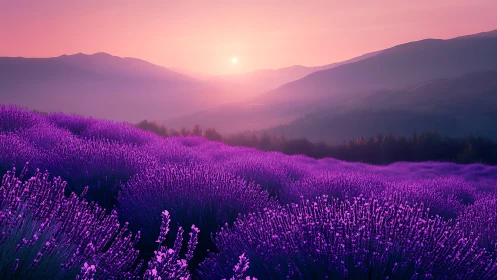 Lavender field spreads across rolling hills at vivid sunset