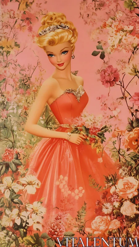 Stylized blonde figure stands in formal gown amid dense florals