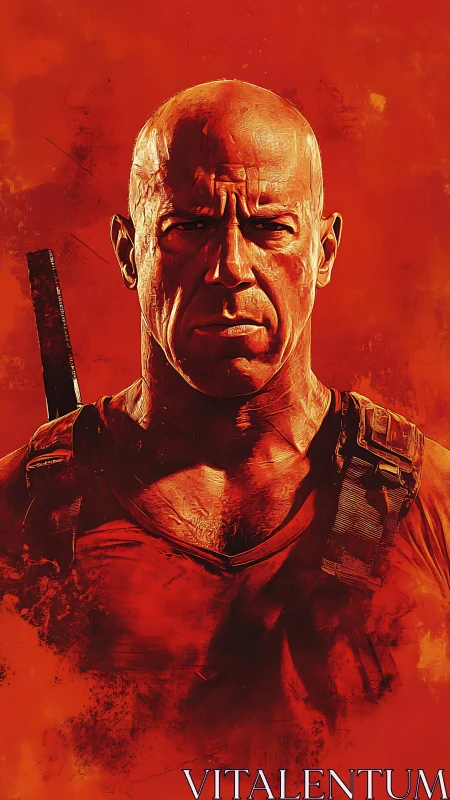 Stoic warrior in blazing red, carved from flame and grit.