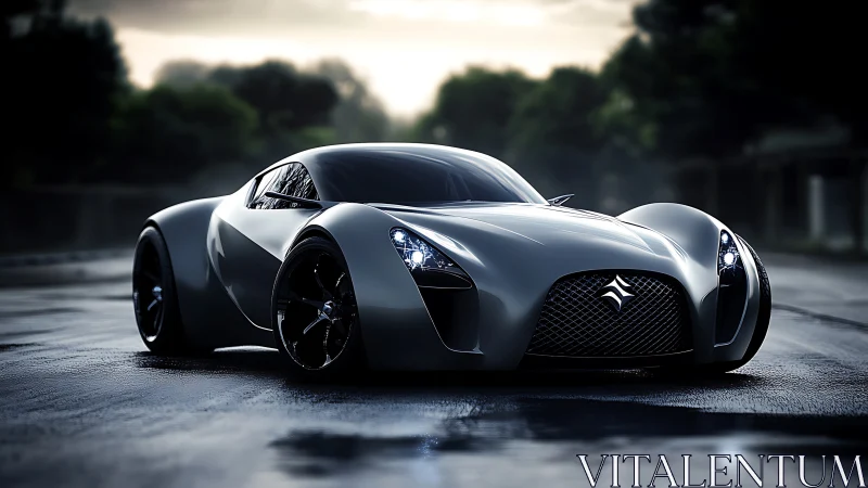Storm-slick hypercar prowls a moody dawn city street.