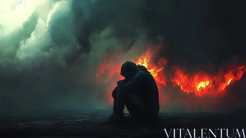 Solitary hooded figure before inferno in dense nocturnal smoke