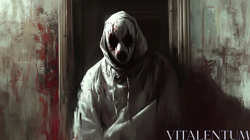 Hooded gasmask figure in bloodstained corridor doorway