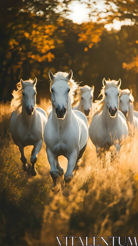 Galloping white horses in golden hour backlit meadow charge