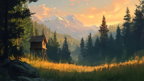 Cozy forest hideout glowing under gentle mountain sunset.