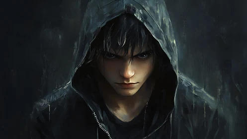 Hooded male figure in low light with central frontal view.