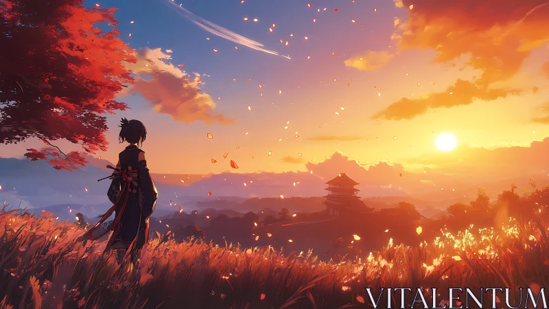 Samurai silhouette observing vermilion sunset over pagoda.