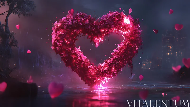 Glowing floral heart sculpture emits magenta light in urban night.