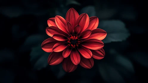 Red dahlia bloom photographed against dark blurred background