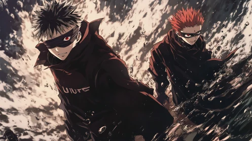 Two masked figures move through turbulent, stylized water