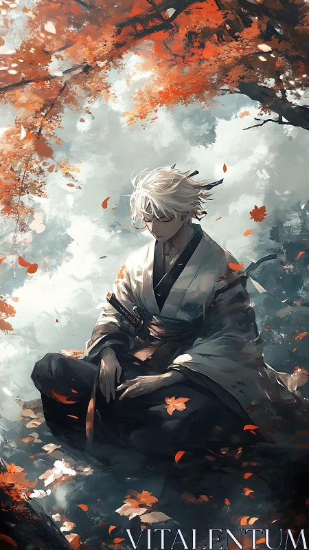 White-haired samurai meditates under burning autumn canopy.