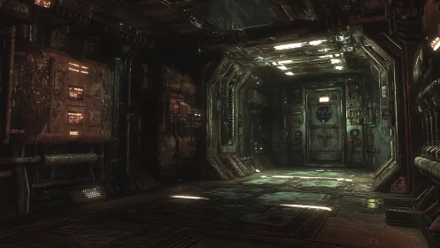 Rusty starship corridor waits quietly for brave explorers