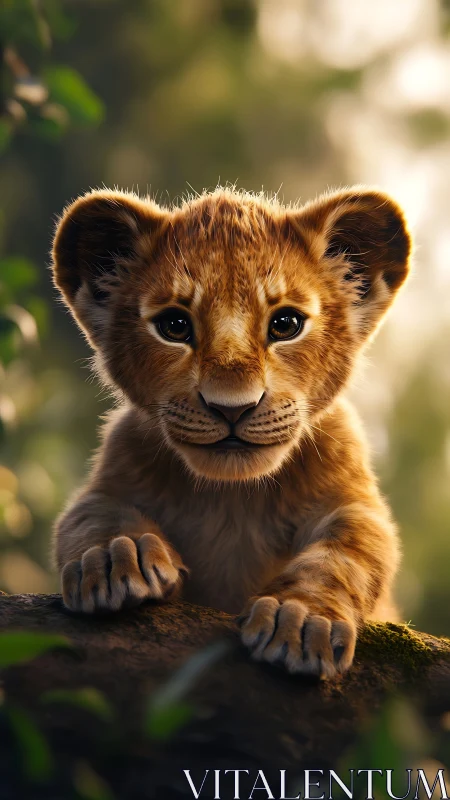 Curious lion cub rests on sunlit forest rock ledge