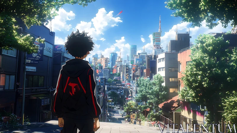 Urban teen overlooking sunlit futuristic Tokyo skyline.