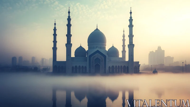 Foggy urban mosque with domes, minarets and water reflection.