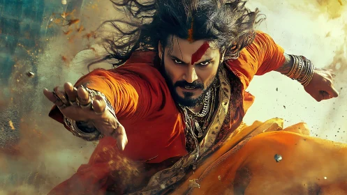 Warrior lunging forward in intense action scene.