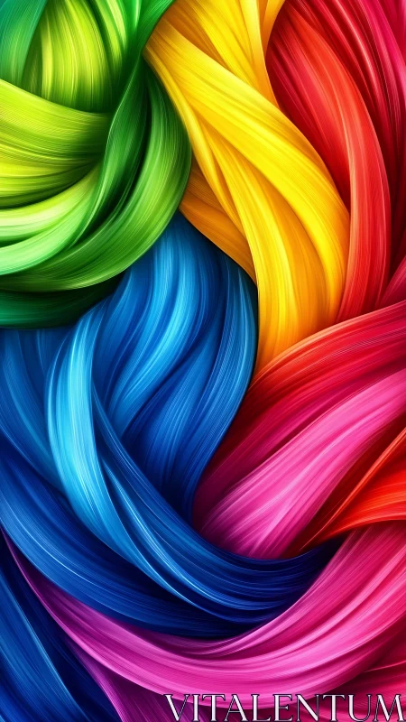 Interwoven multicolored digital ribbons form curved flowing bands