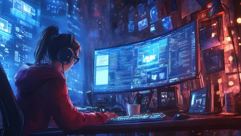 Late night coder in neon-lit studio of glowing screens.