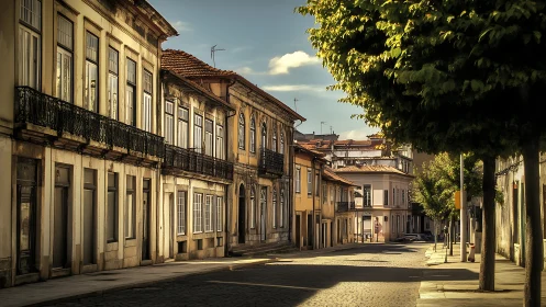 Sunlit cobblestone street dozes between ornate facades