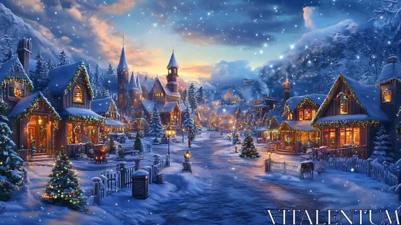 Snowlit village street hums with glowing holiday warmth