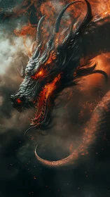 Fiery horned dragon lunging through swirling dark smoke.