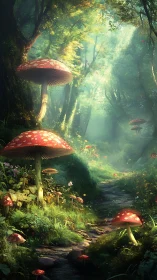 Enchanted forest ecosystem with luminous red toadstools and atmospheric light diffusion.