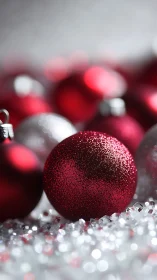 Red and silver baubles on granular reflective surface.