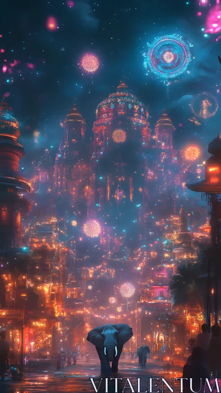 Bioluminescent elephant walks through a neon festival city.