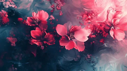 Layered Pink Flowers Against Dark Teal Atmospheric Background