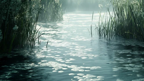 Narrow wetland channel shows reflective water surface and reeds