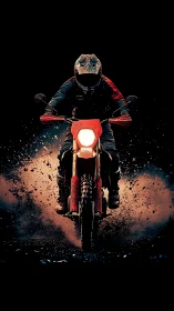 Midnight dirt rider bursts through sparks of flying earth.