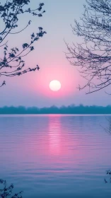 Pink sunset over calm lake with silhouetted shoreline.