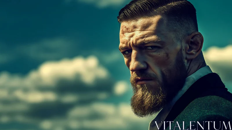 Brooding bearded man beneath restless afternoon clouds.