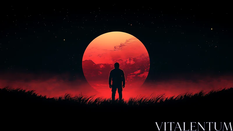 Lone silhouette contemplates a colossal red moon at night
