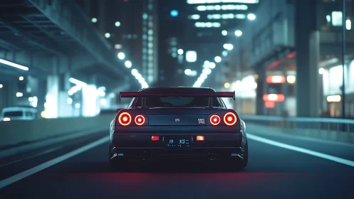 Midnight city cruise with a sleek street racer under neon.