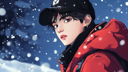 Snowy winter portrait of youth in red parka with anime shading