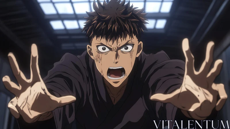 Dynamic anime close-up captures intense forward lunge gesture