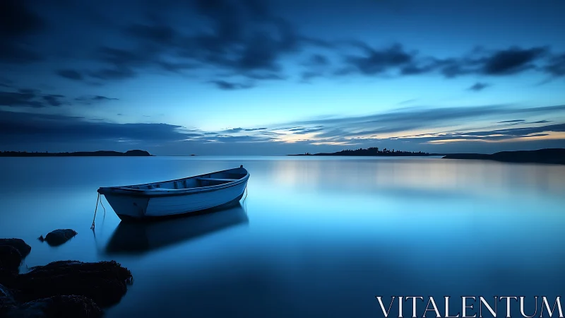 Still blue boat drifting through a glass-smooth twilight bay.