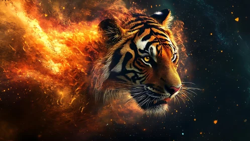 Fiery cosmic tiger head rendered in dynamic digital flames.