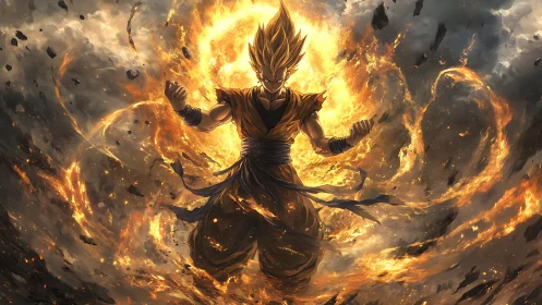 Fiery anime warrior ascending within explosive vortex.