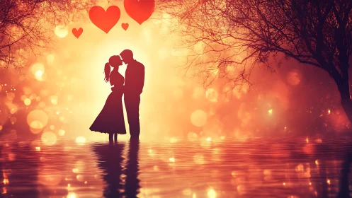 Silhouetted Couple Kissing in Bokeh-Saturated Golden Luminescence.